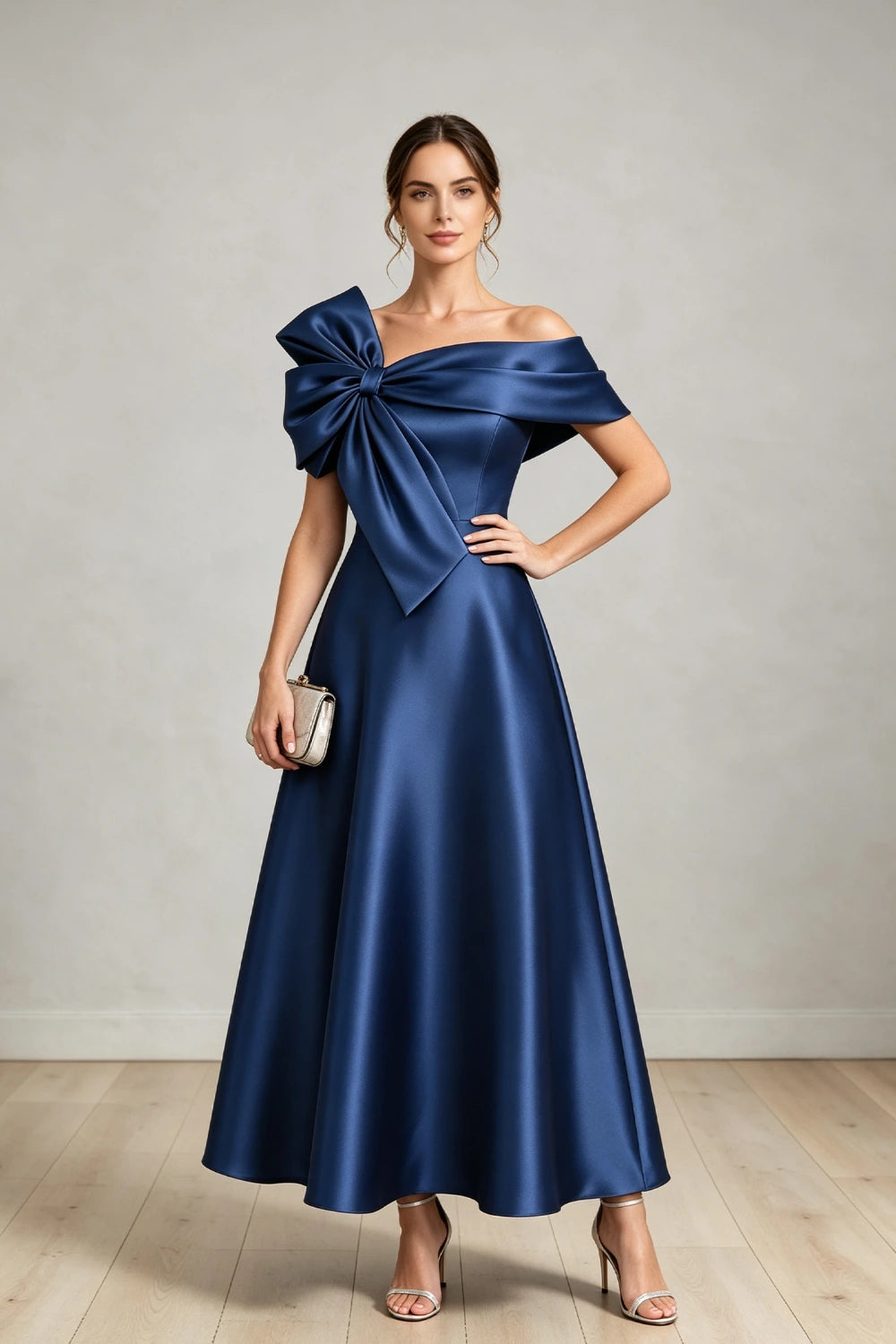 Oversized Bow Off-Shoulder Satin Midi Mother of the Bride Dress