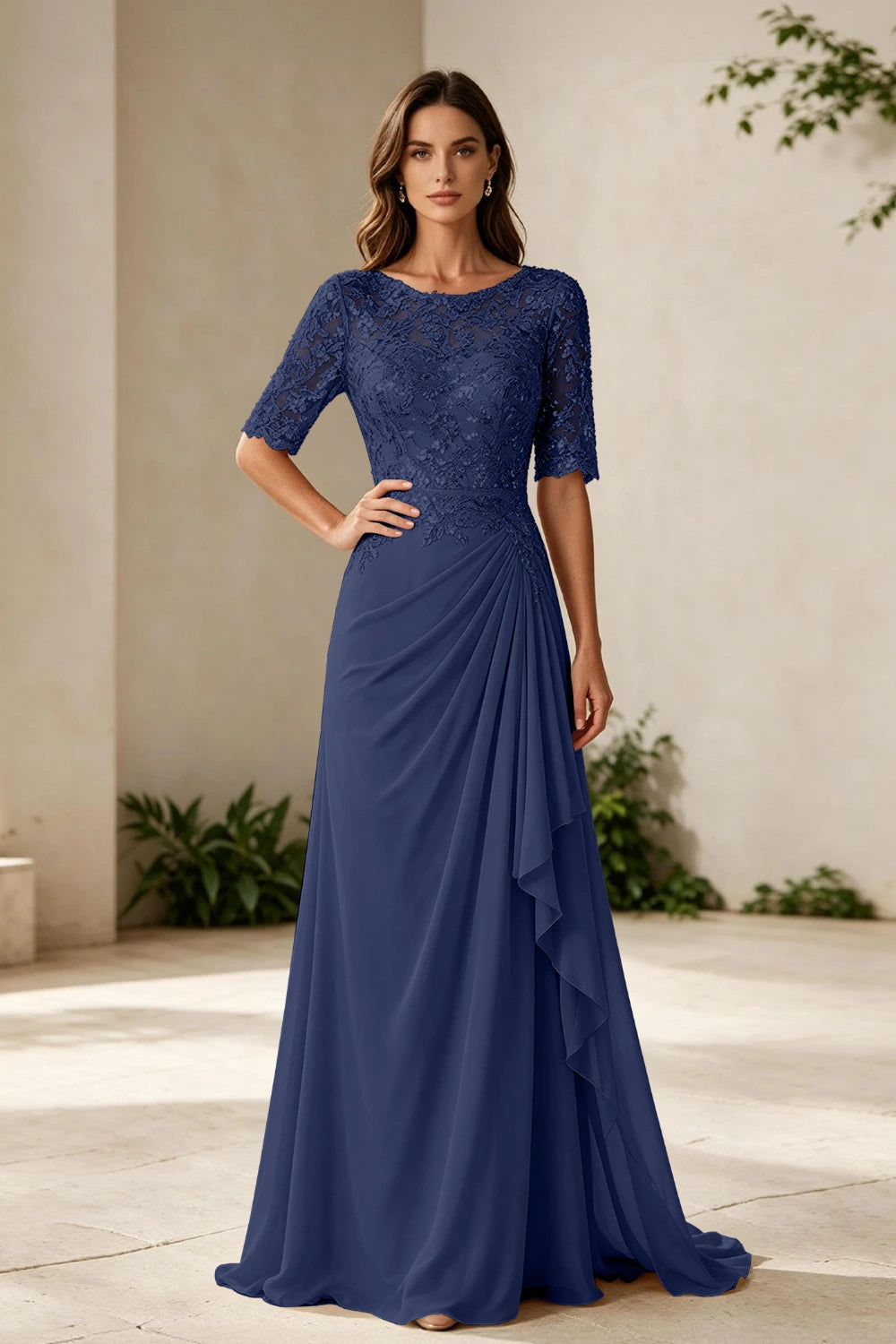 Champagne Lace Bodice Three-Quarter Sleeve Draped Side Chiffon Floor-Length Dress