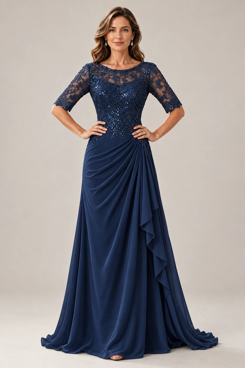 Lace Bodice Three-Quarter Sleeve Draped Side Chiffon Floor-Length Dress