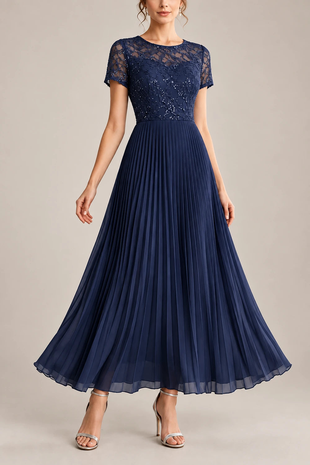 Lace Short Sleeve Pleated Chiffon Tea-Length Dress