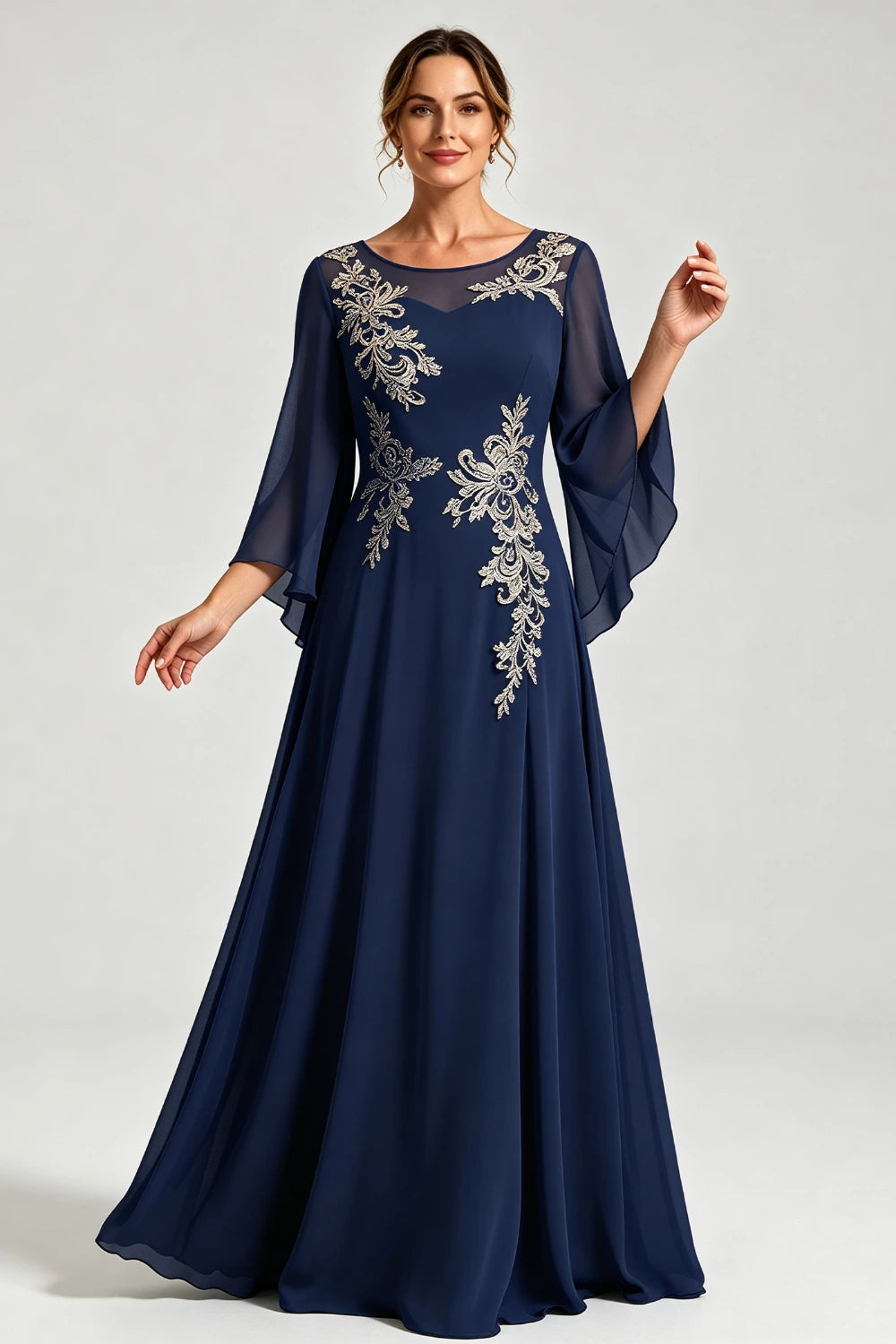 Dusty Blue Lace Applique Sheer Yoke Long Sleeve Chiffon Mother of the Bride Dress