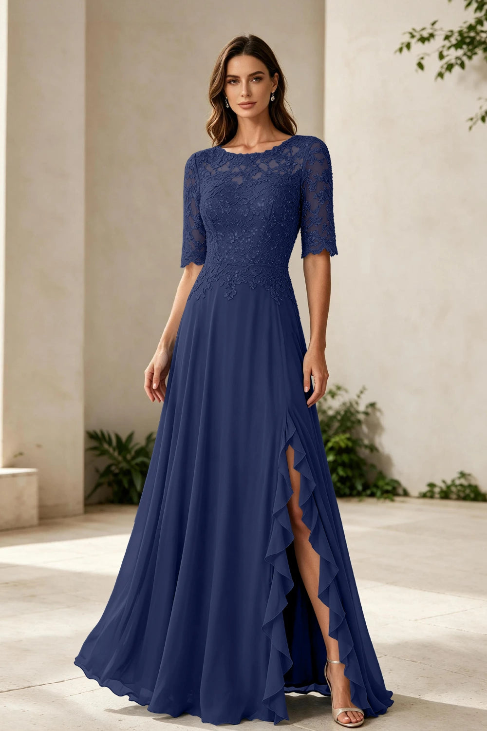 Dusty Blue Lace Bodice Three-Quarter Sleeve Ruffle Slit Chiffon Floor-Length Dress