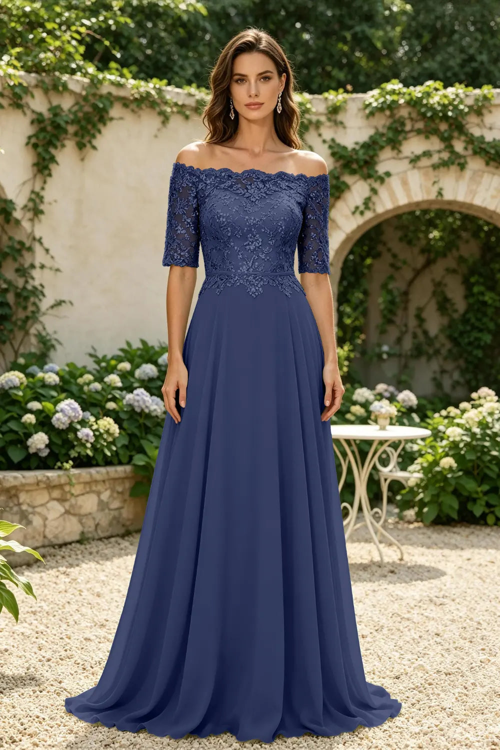 Sage Green Off-Shoulder Lace Bodice A-Line Chiffon Floor-Length Dress