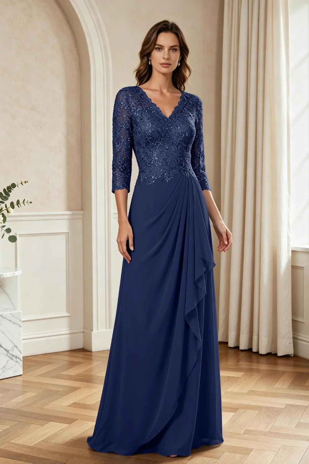 Dusty Blue Lace Three-Quarter Sleeve Draped Cascade Chiffon Floor-Length Dress