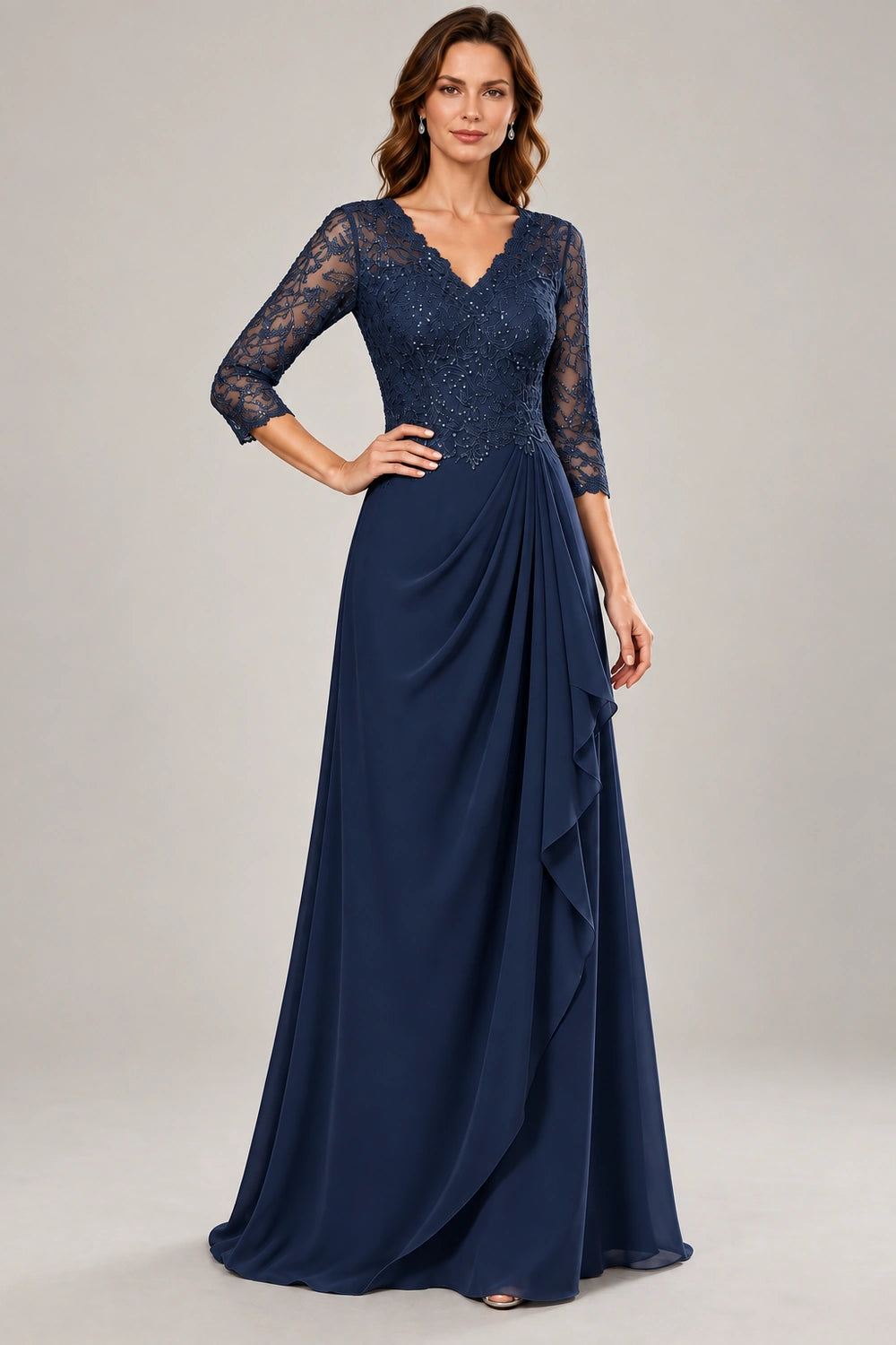 Lace Three-Quarter Sleeve Draped Cascade Chiffon Floor-Length Dress