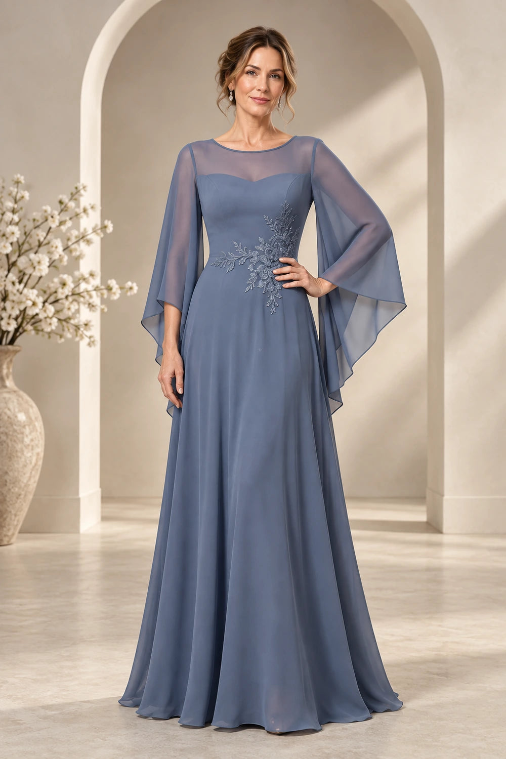Beaded Waist Sheer Yoke Long Sleeve Chiffon Mother of the Bride Dress