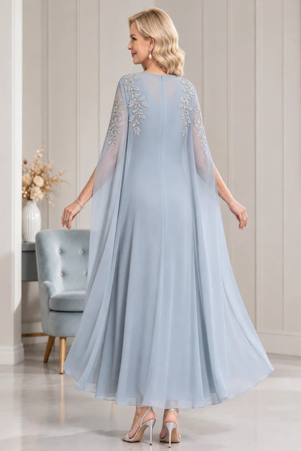 Dusty Blue Embellished Cape Ankle-Length Mother of the Bride Dress