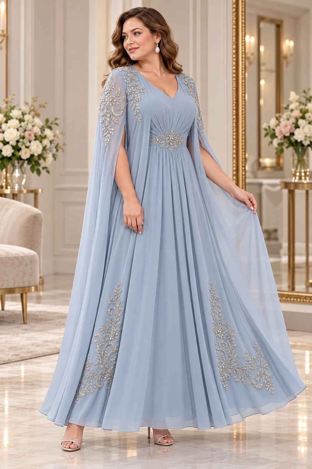 Dusty Blue Embellished Cape Ankle-Length Mother of the Bride Dress