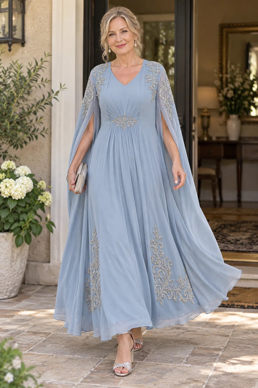 Dusty Blue Embellished Cape Ankle-Length Mother of the Bride Dress
