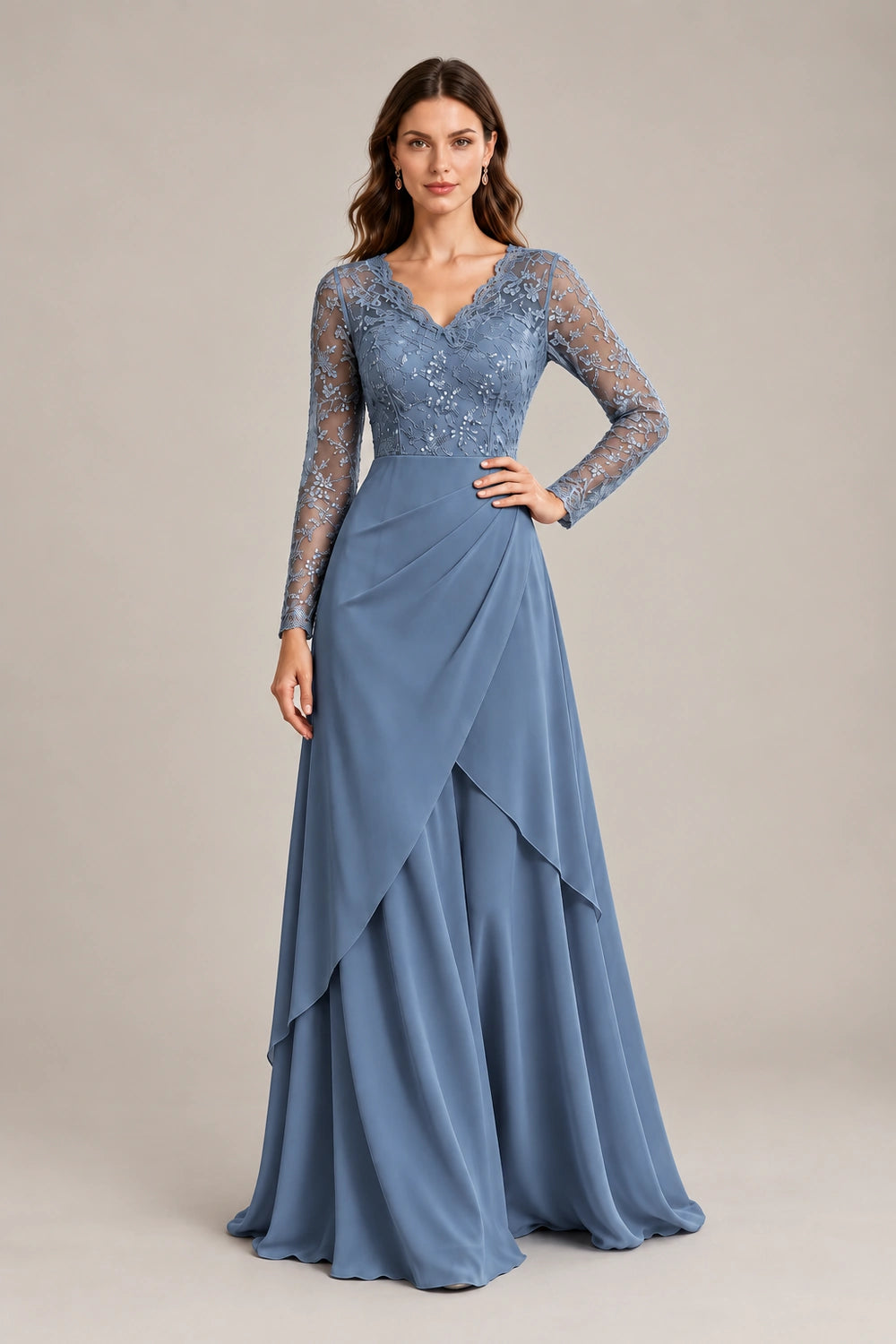 Lace Long-Sleeve Draped Ruffle Chiffon Floor-Length Dress