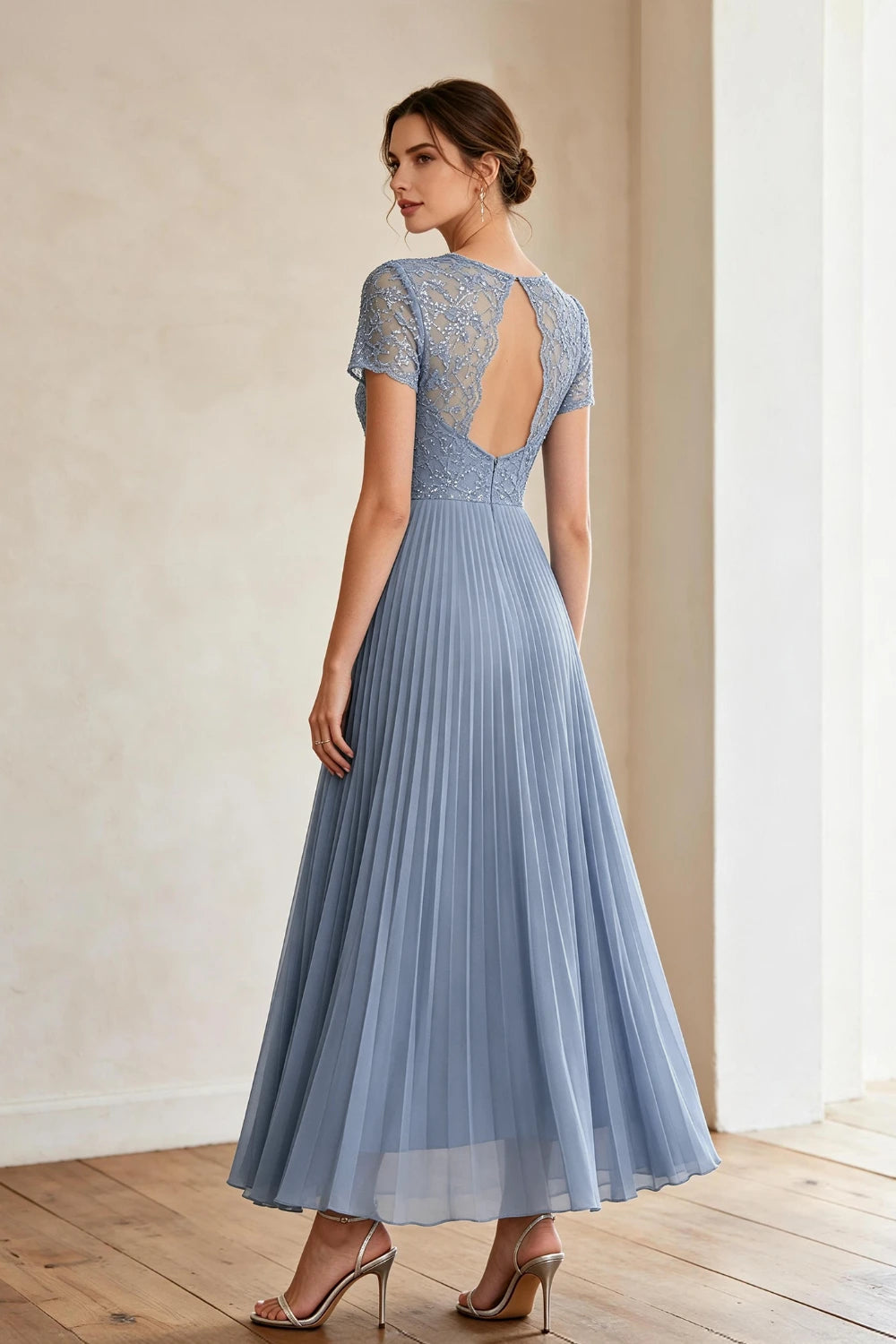 Dusty Blue Lace Short Sleeve Pleated Chiffon Tea-Length Dress