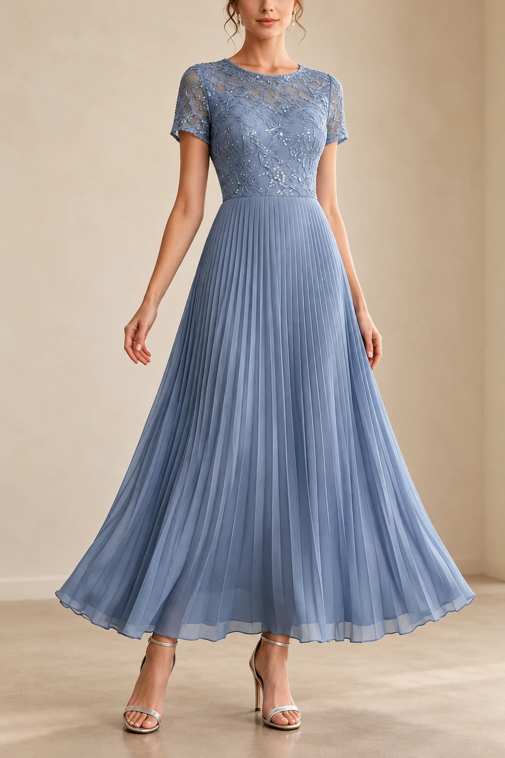 Lace Short Sleeve Pleated Chiffon Tea-Length Dress