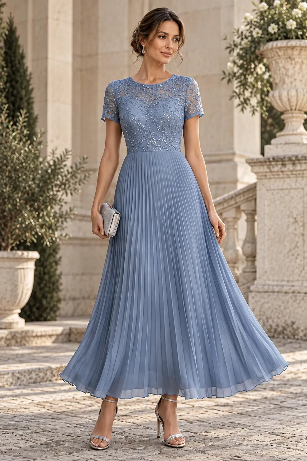 Lace Short Sleeve Pleated Chiffon Tea-Length Dress
