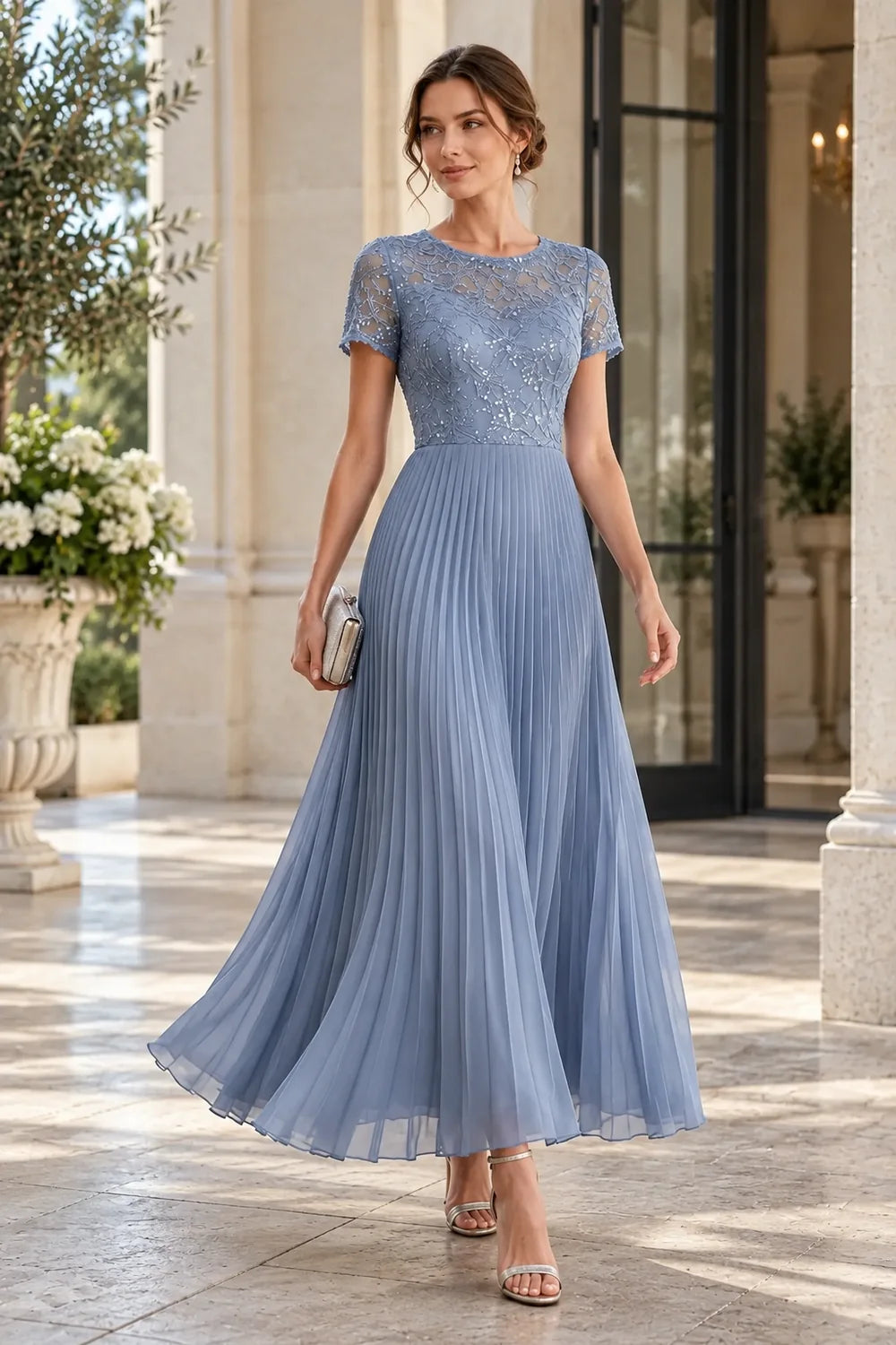 Lace Short Sleeve Pleated Chiffon Tea-Length Dress