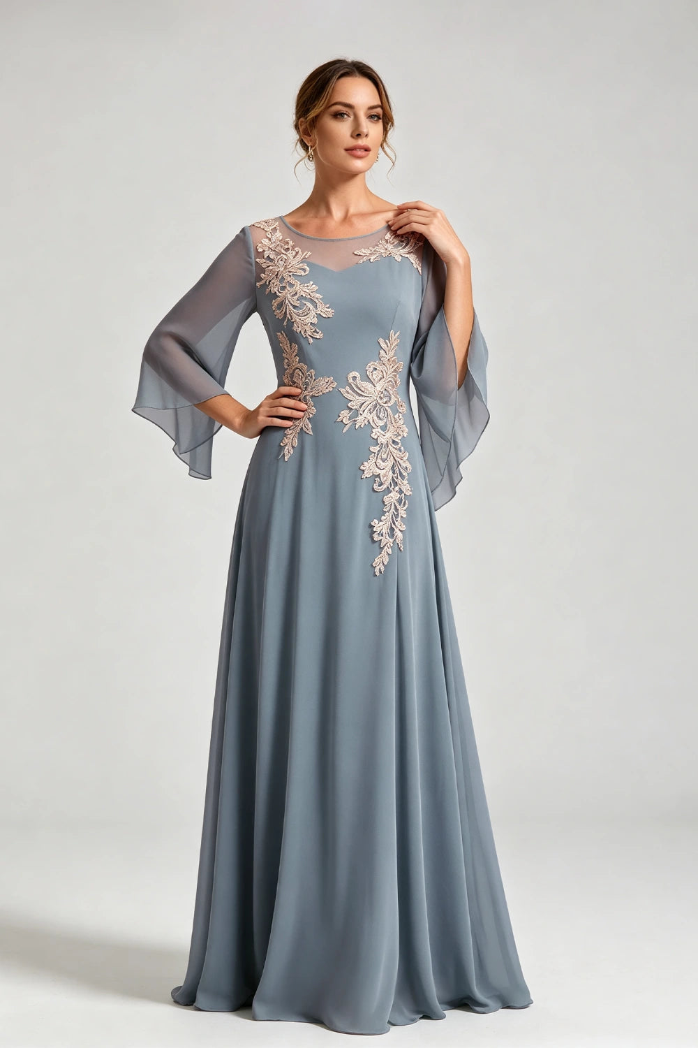 Dusty Blue Lace Applique Sheer Yoke Long Sleeve Chiffon Mother of the Bride Dress