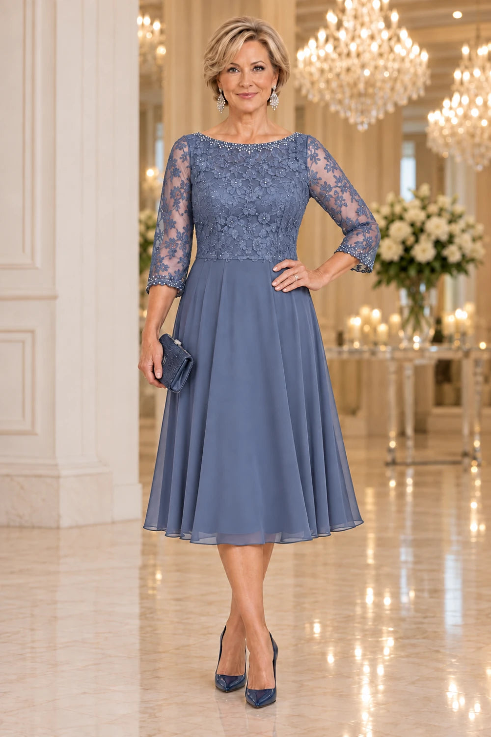 Dusty blue midi dress with a fitted floral lace bodice and three-quarter sleeves, front view.