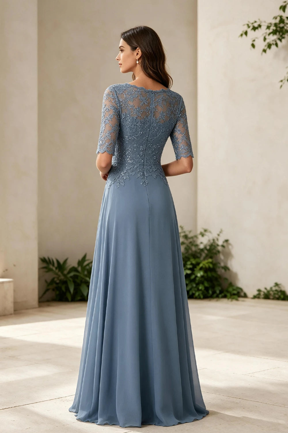 Dusty Blue Lace Bodice Three-Quarter Sleeve Ruffle Slit Chiffon Floor-Length Dress
