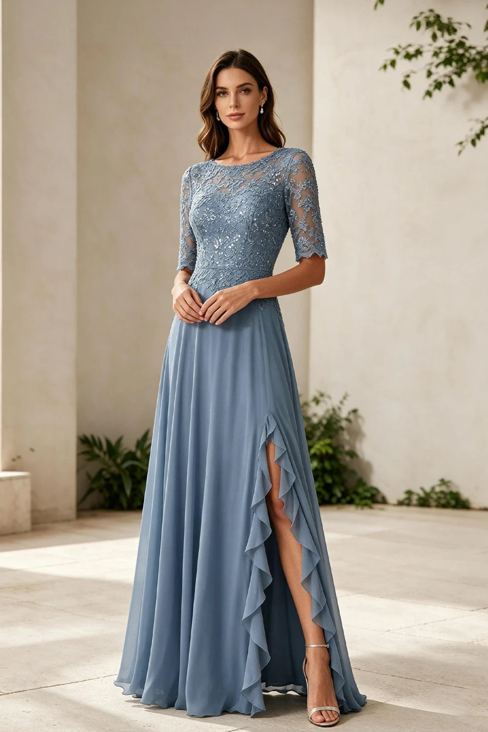 Dusty Blue Lace Bodice Three-Quarter Sleeve Ruffle Slit Chiffon Floor-Length Dress