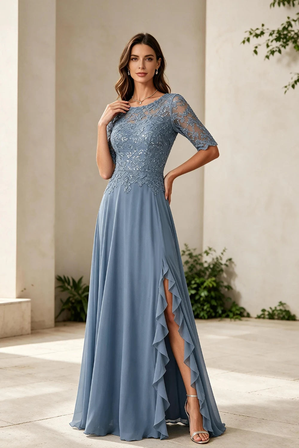 Dusty Blue Lace Bodice Three-Quarter Sleeve Ruffle Slit Chiffon Floor-Length Dress