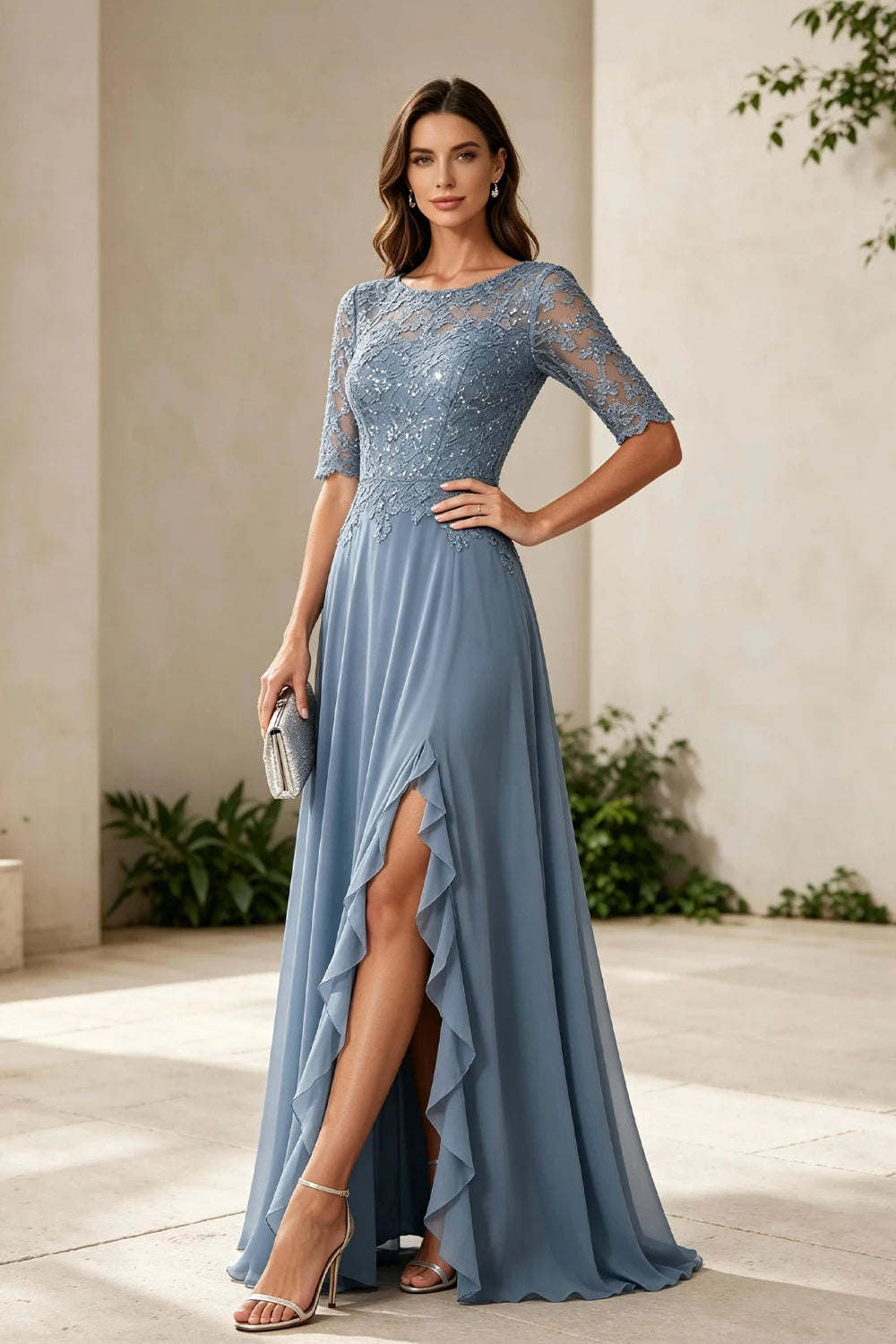 Dusty Blue Lace Bodice Three-Quarter Sleeve Ruffle Slit Chiffon Floor-Length Dress