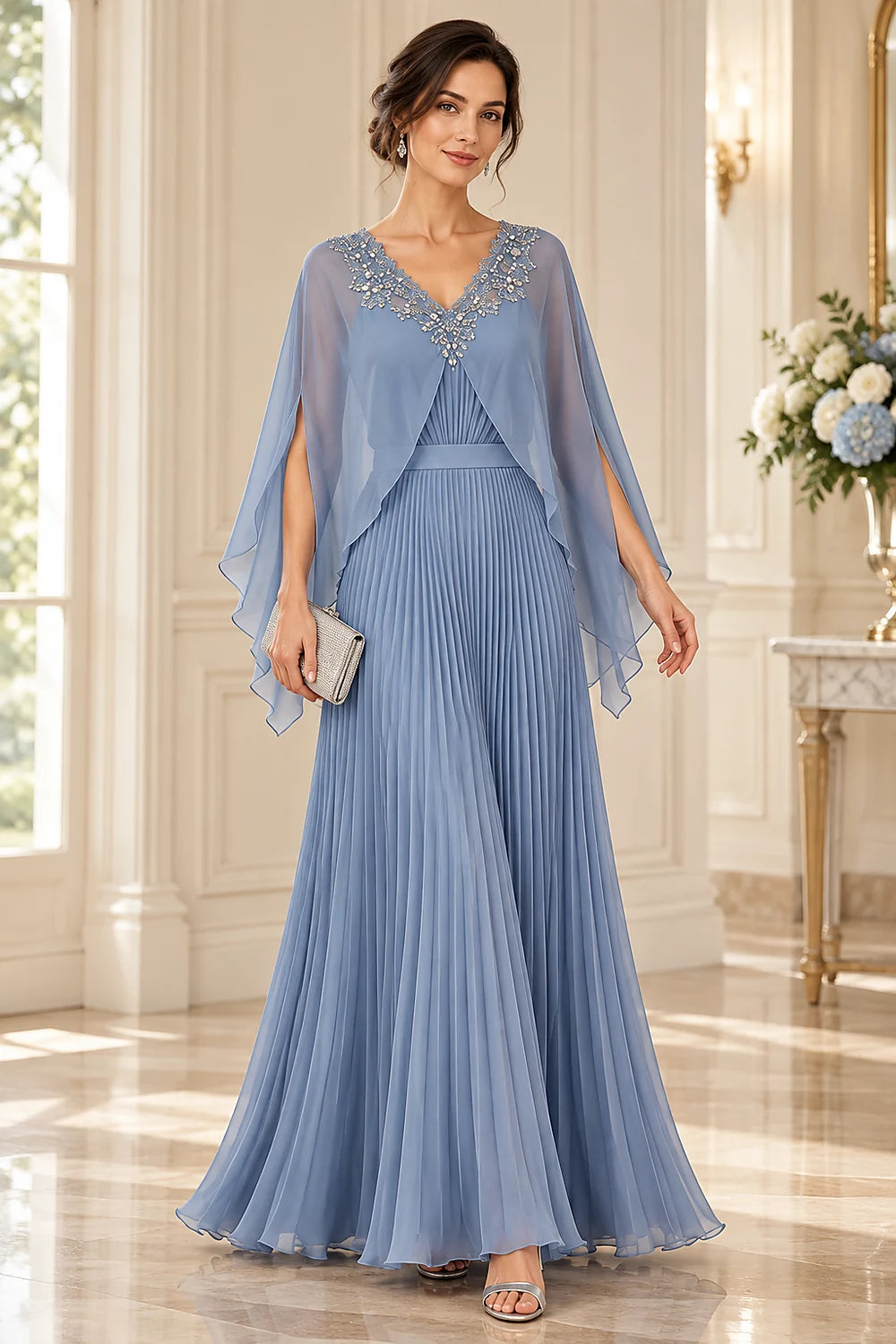 Pleated Cape Sleeve Chiffon Mother of the Bride Dress