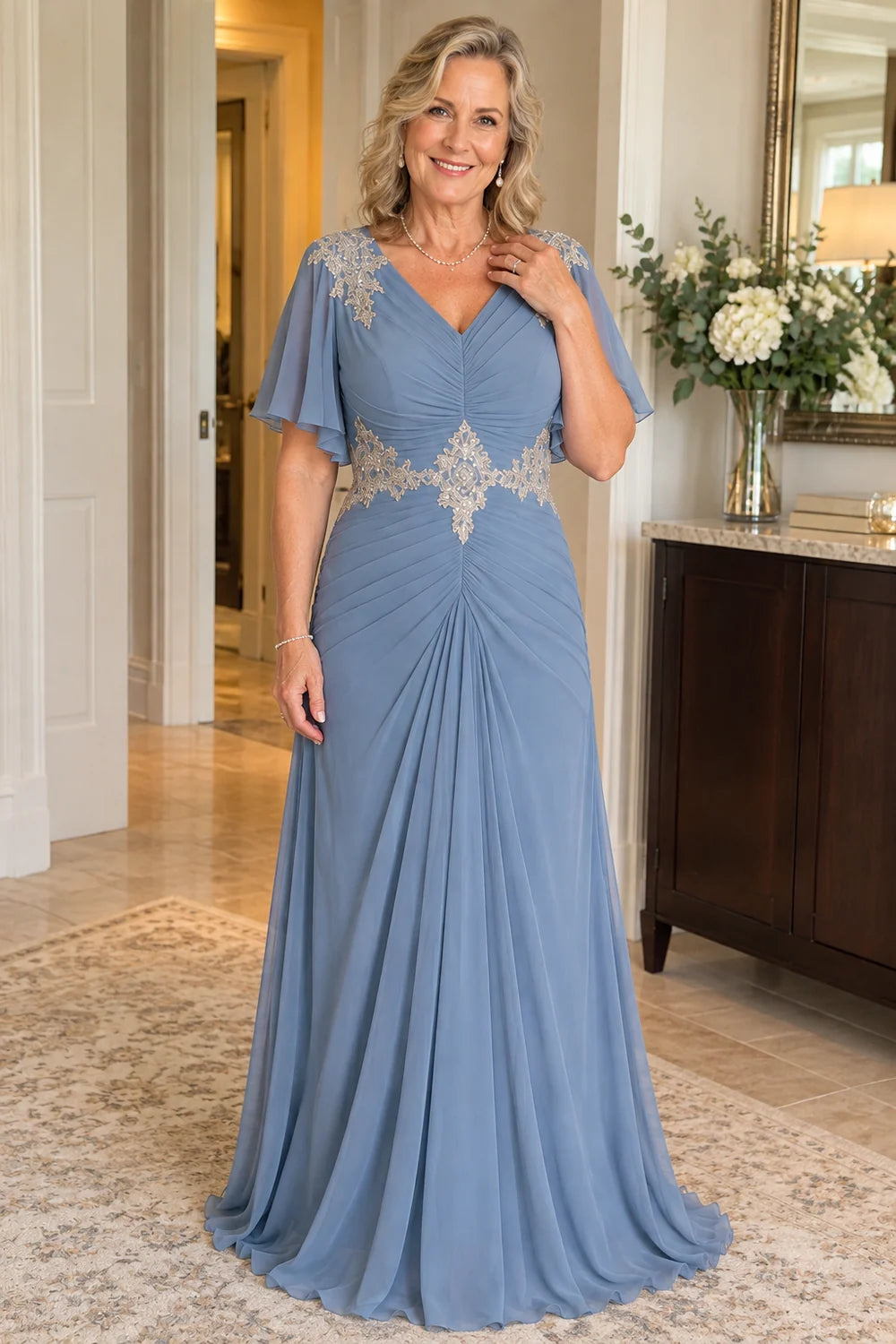 Dusty Blue Ruched Flutter Sleeve Mother of the Bride Gown
