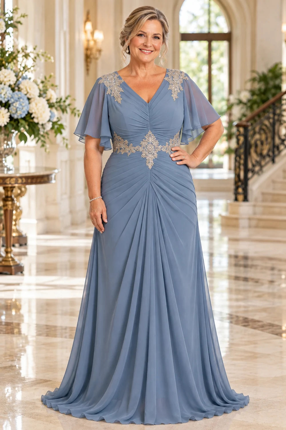 Dusty Blue Ruched Flutter Sleeve Mother of the Bride Gown