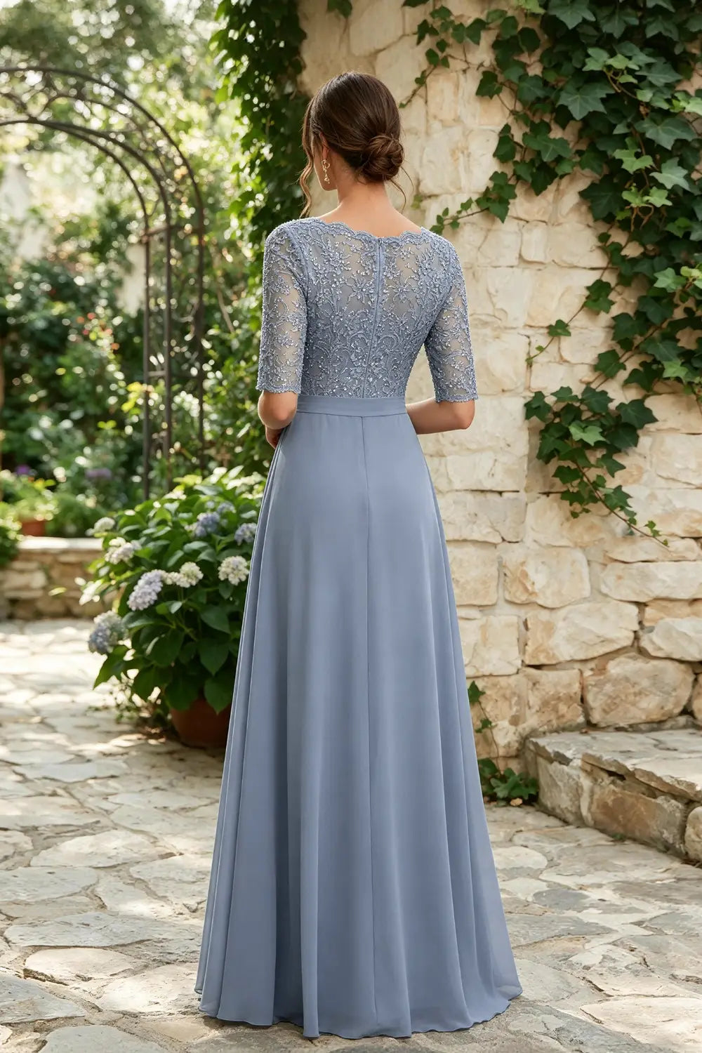 Dusty Blue Lace Elbow-Sleeve Sash Chiffon Floor-Length Dress