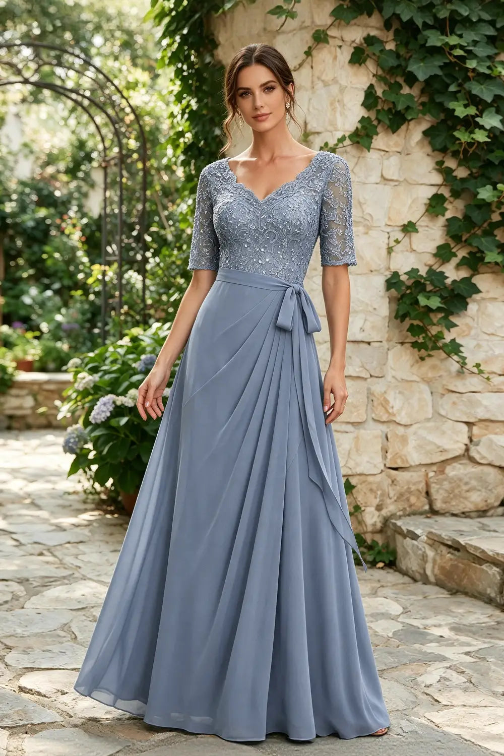 Dusty Blue Lace Elbow-Sleeve Sash Chiffon Floor-Length Dress