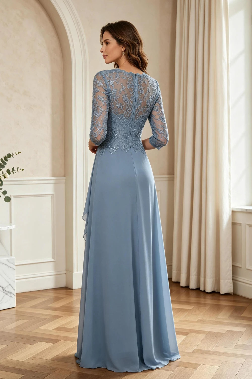 Dusty Blue Lace Three-Quarter Sleeve Draped Cascade Chiffon Floor-Length Dress