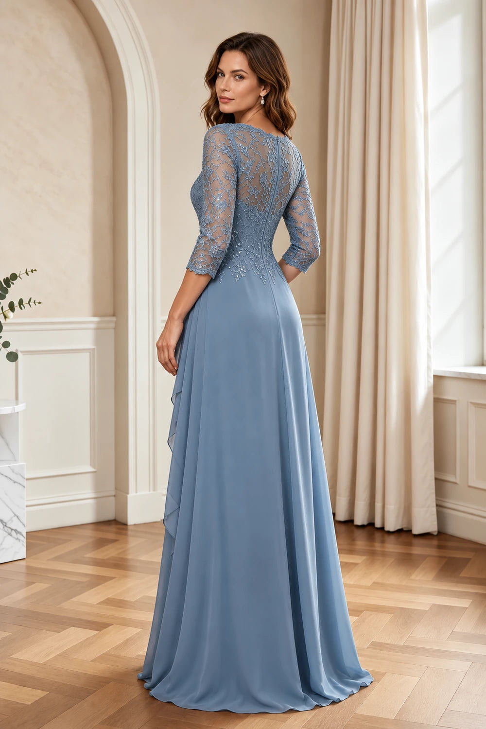 Lace Three-Quarter Sleeve Draped Cascade Chiffon Floor-Length Dress