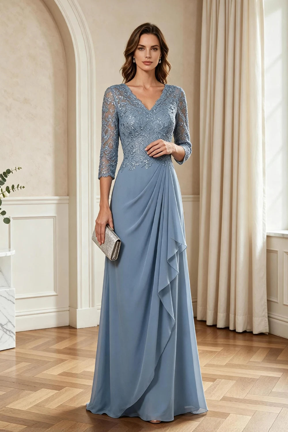 Dusty Blue Lace Three-Quarter Sleeve Draped Cascade Chiffon Floor-Length Dress