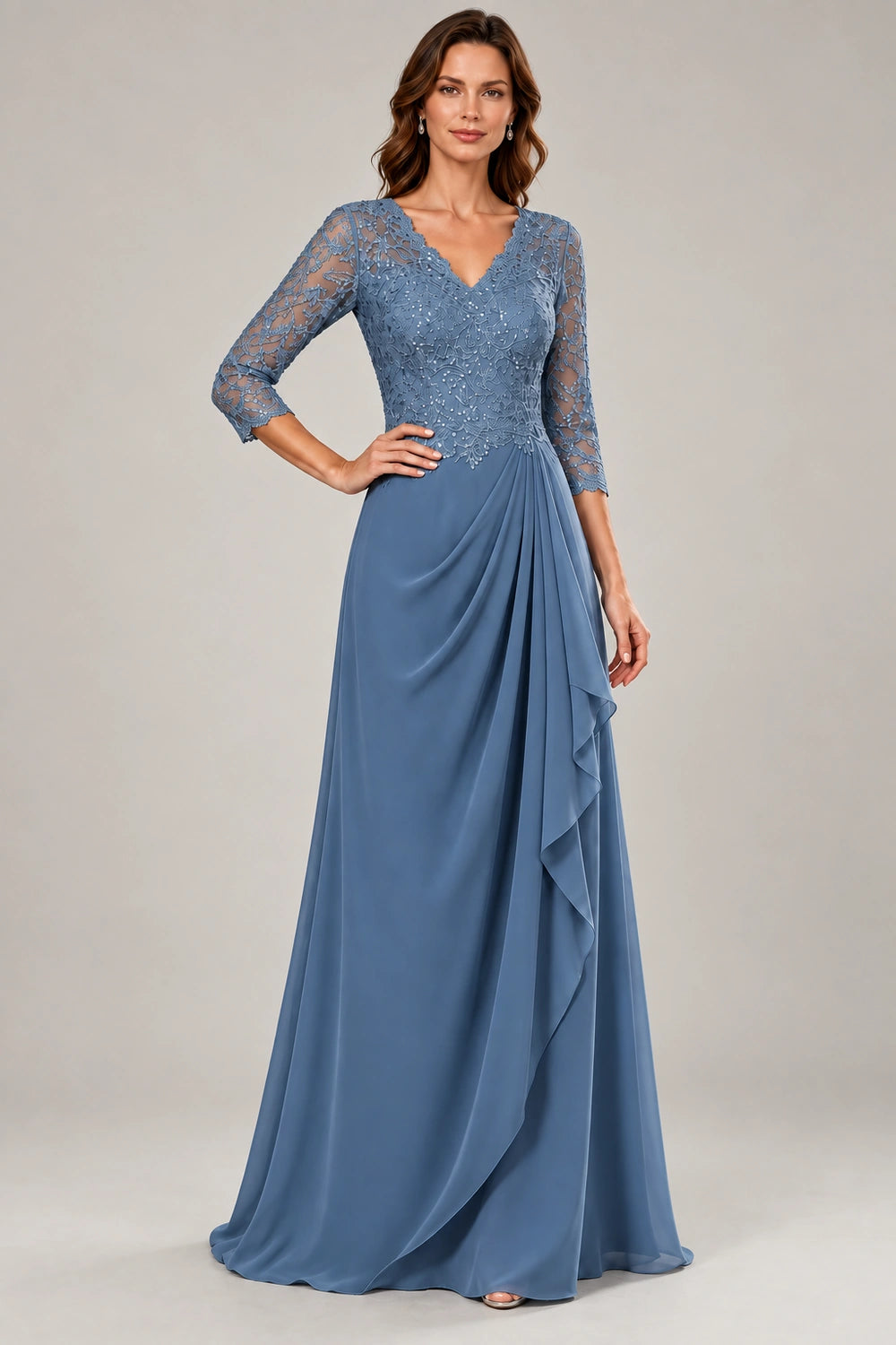 Lace Three-Quarter Sleeve Draped Cascade Chiffon Floor-Length Dress