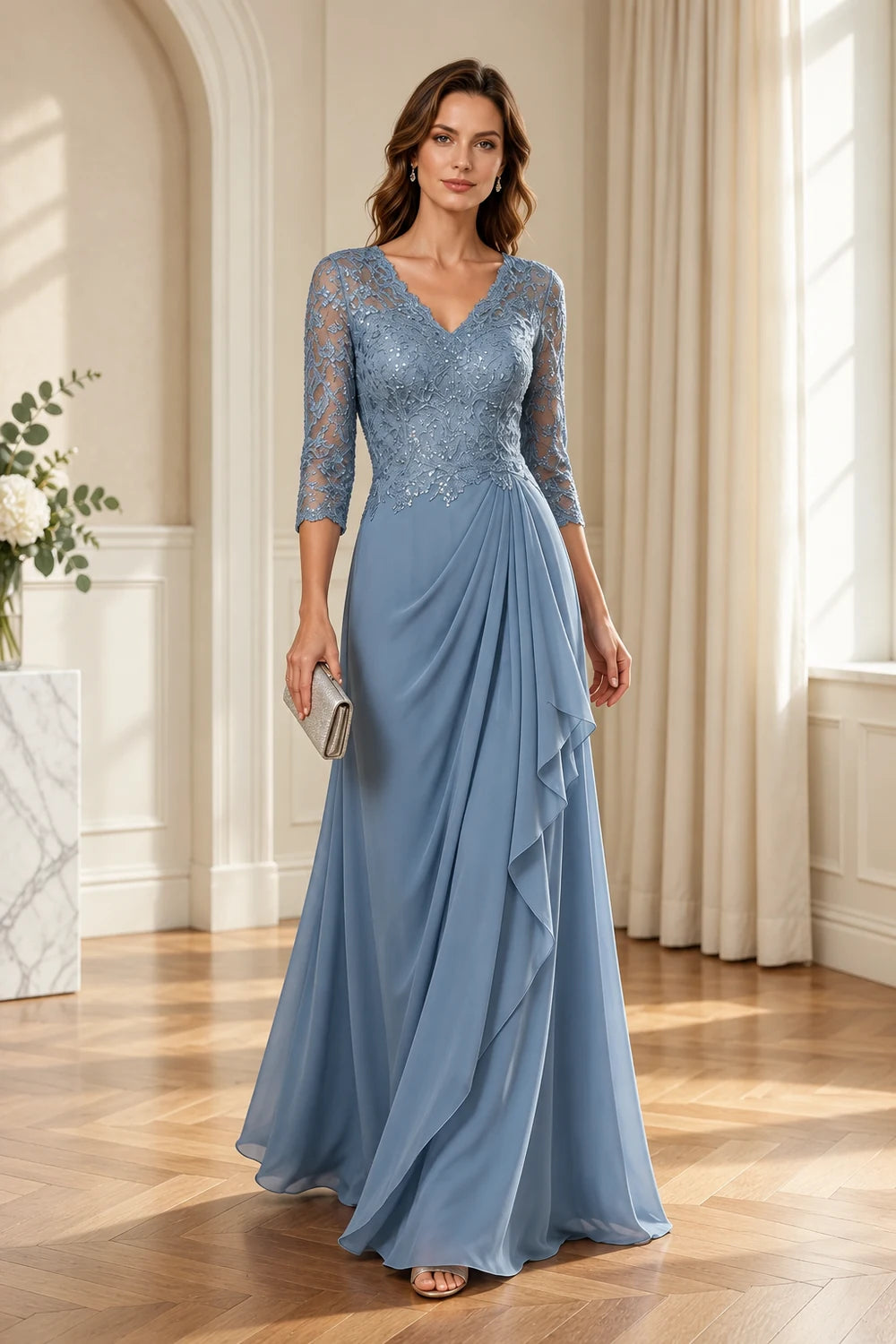 Lace Three-Quarter Sleeve Draped Cascade Chiffon Floor-Length Dress