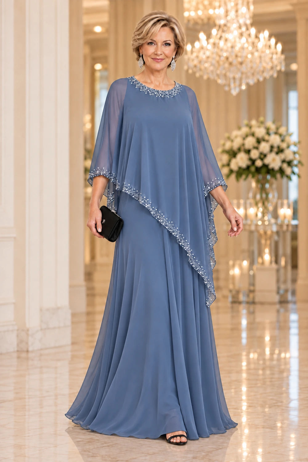 Dusty blue gown with a sheer asymmetric cape over a plain floor-length skirt, front view.