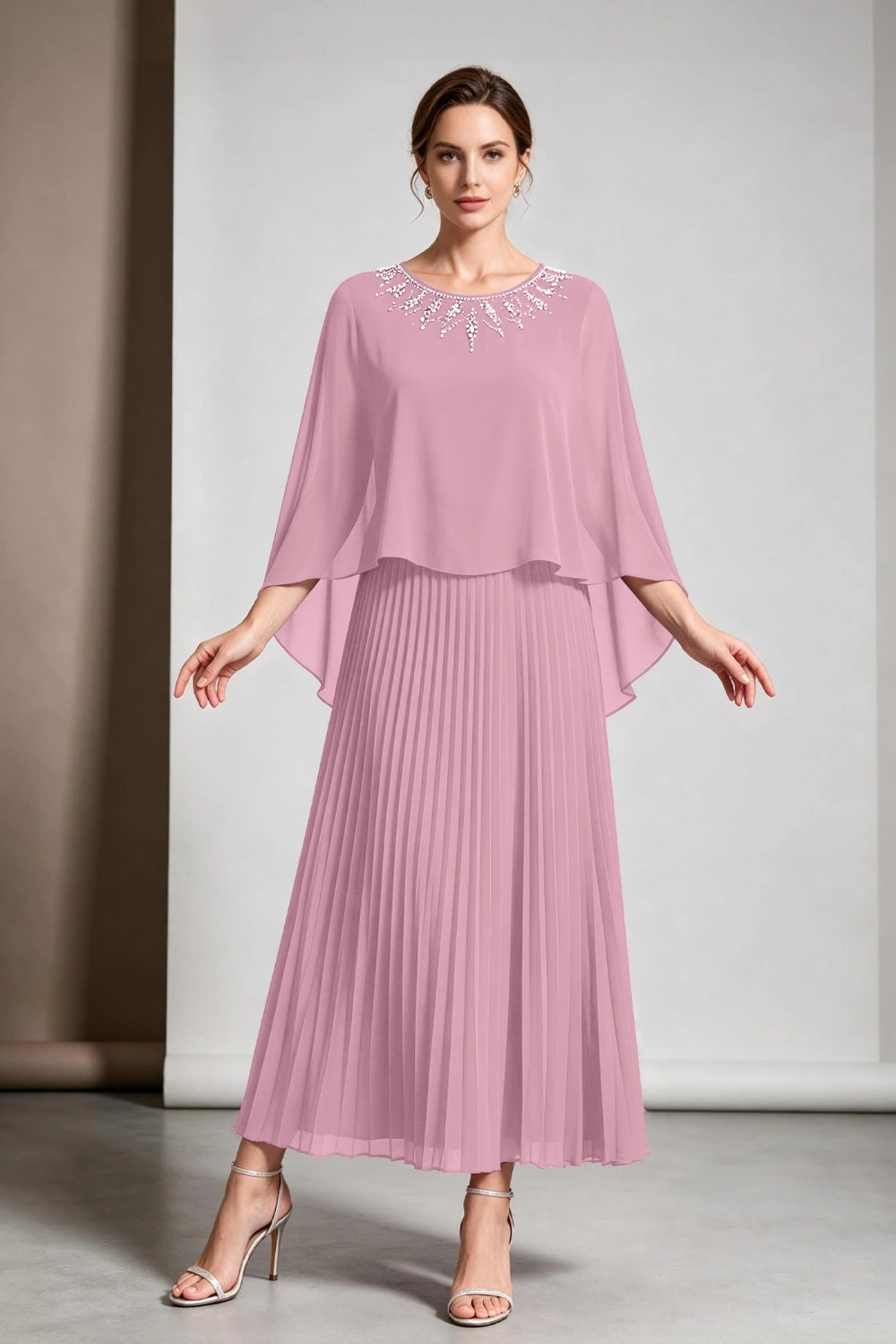 Plum Beaded Cape Sleeve Pleated Chiffon Mother of the Bride Dress