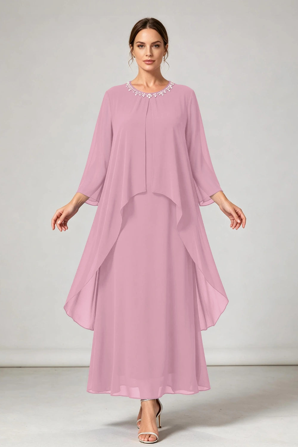 Royal Blue Beaded Neck Asymmetric Overlay Chiffon Mother of the Bride Dress