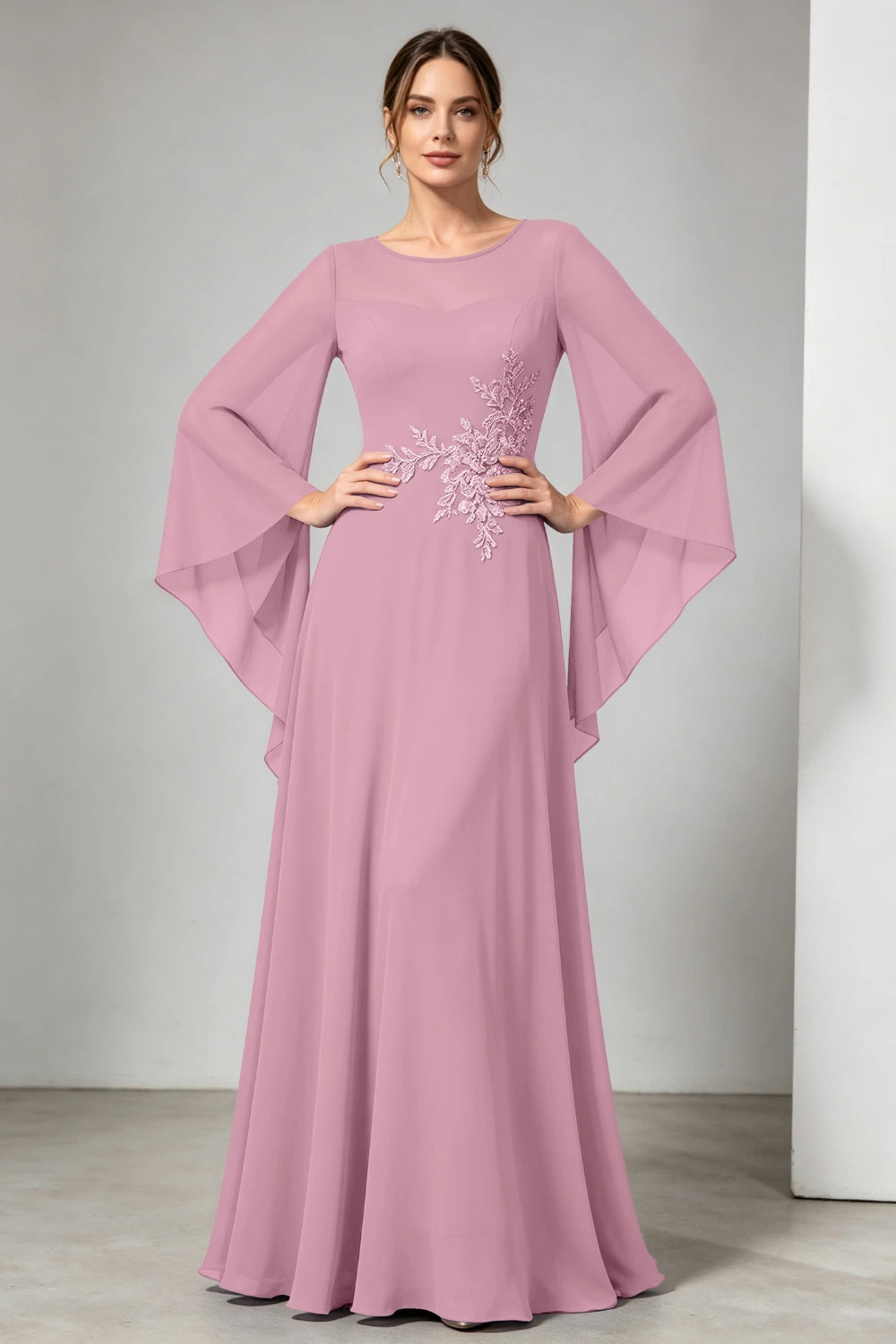 Purple Beaded Waist Sheer Yoke Long Sleeve Chiffon Mother of the Bride Dress