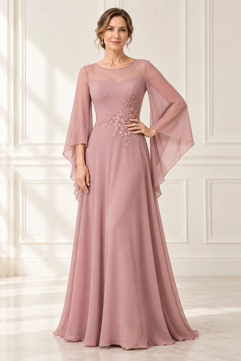 Beaded Waist Sheer Yoke Long Sleeve Chiffon Mother of the Bride Dress