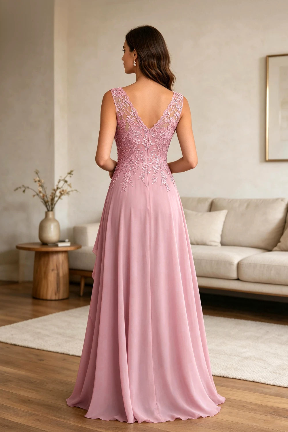 Dusty Pink Lace Sleeveless Ruffle Chiffon Floor-Length Dress