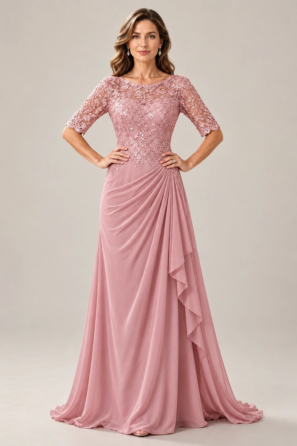 Lace Bodice Three-Quarter Sleeve Draped Side Chiffon Floor-Length Dress