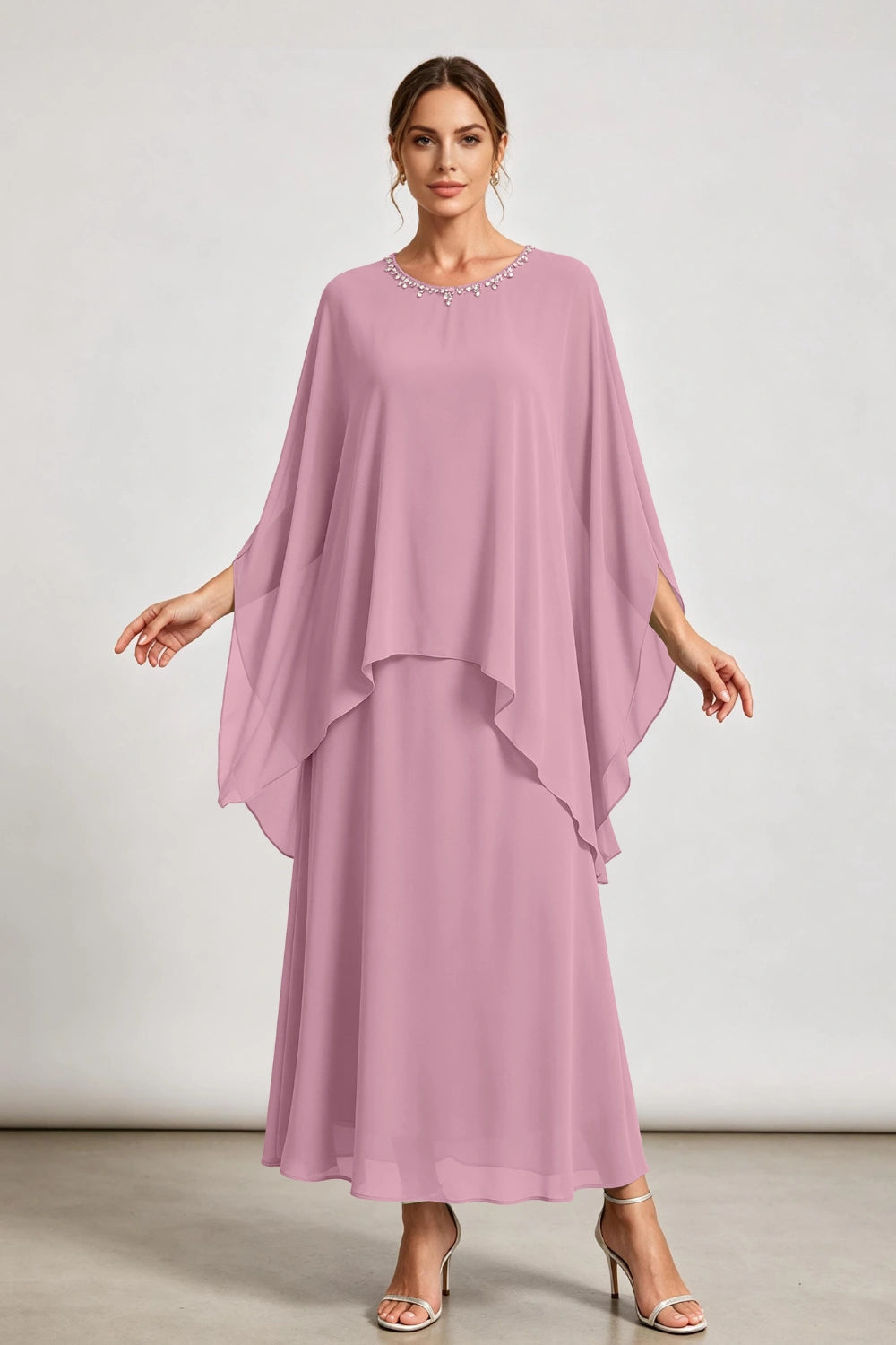 Dusty Sage Beaded Neck Draped Overlay Chiffon Mother of the Bride Dress