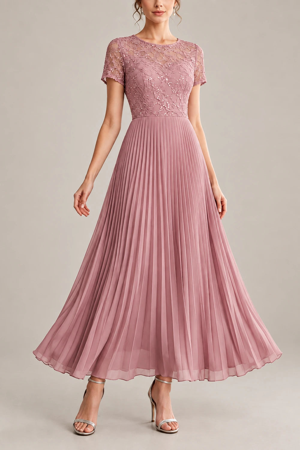Lace Short Sleeve Pleated Chiffon Tea-Length Dress