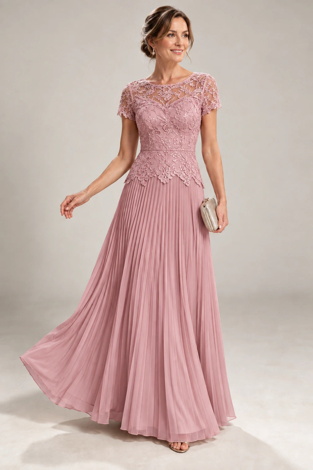Lace Short Sleeve Pleated Chiffon Floor-Length Dress