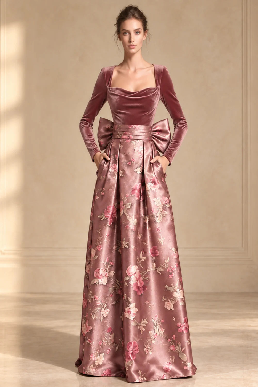 Front view of a dusty rose dress with a dark bodice and full floral skirt.
