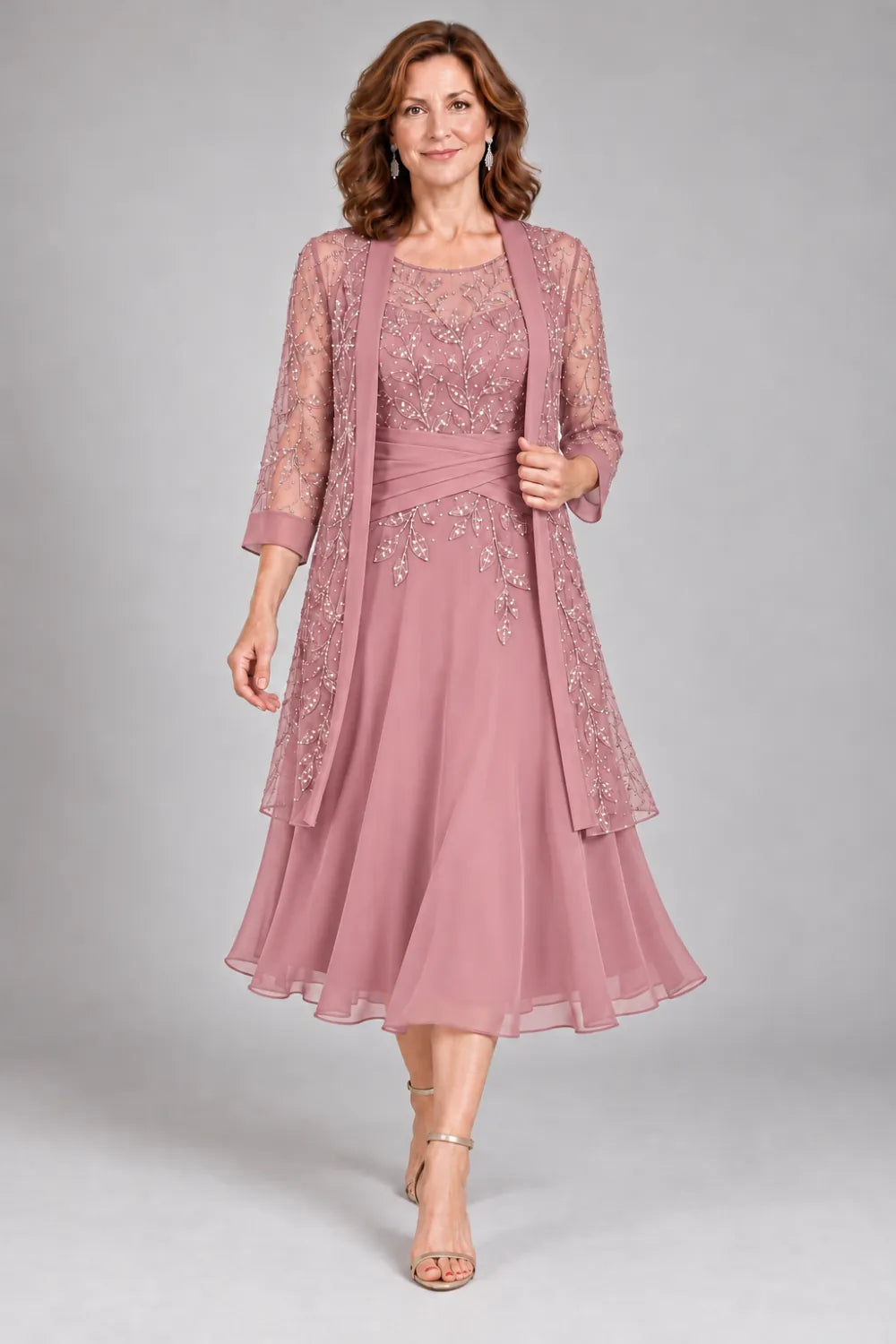 Dusty Rose dress with floral lace extending below the waist, front view.