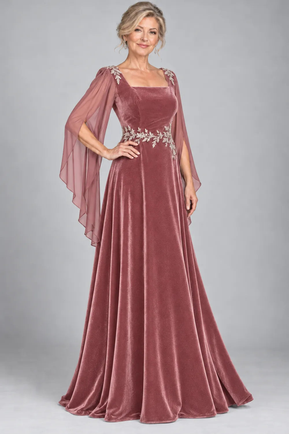 Dusty Rose dress with silver-tone leafy waist and shoulder accents, front view.