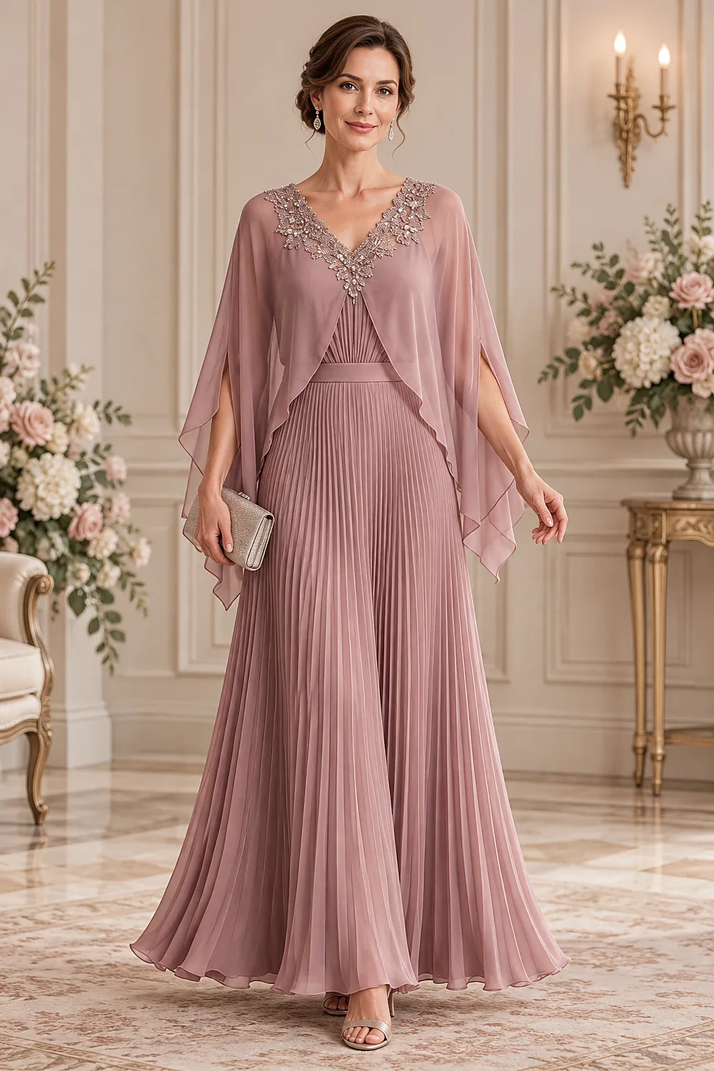 Pleated Cape Sleeve Chiffon Mother of the Bride Dress