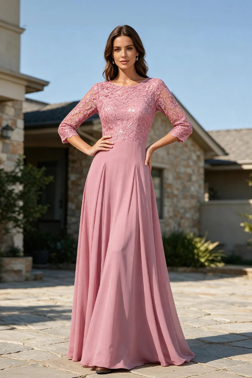 Dusty Rose Lace Three-Quarter Sleeve Pleated Chiffon Floor-Length Dress