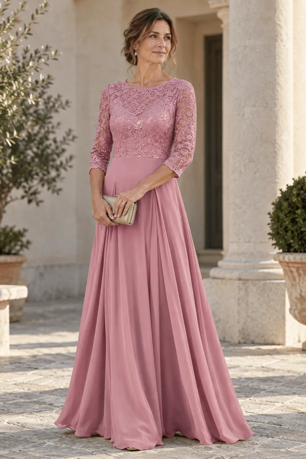 Dusty Rose Lace Three-Quarter Sleeve Pleated Chiffon Floor-Length Dress